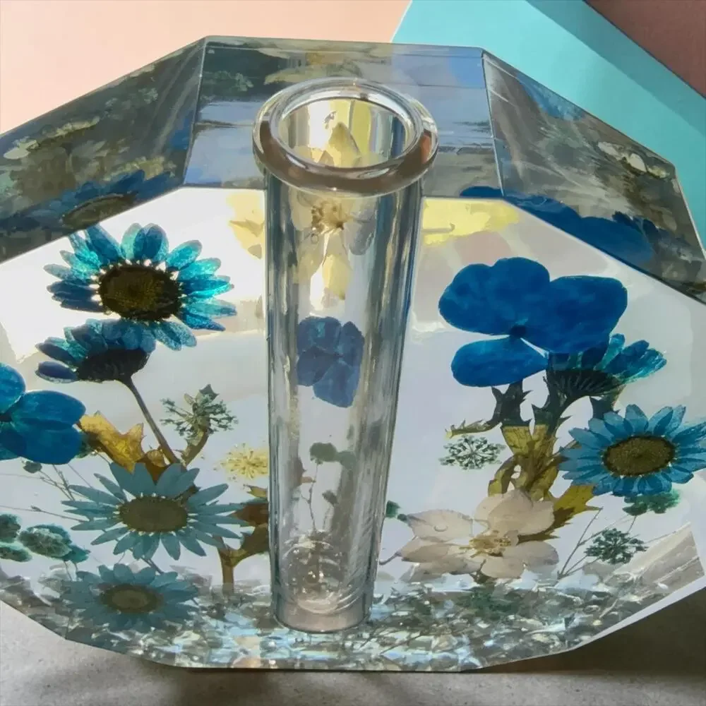 Forever Bloom Blue Meadow Bud Vase Real Pressed Flowers in Crystal Clear Resin